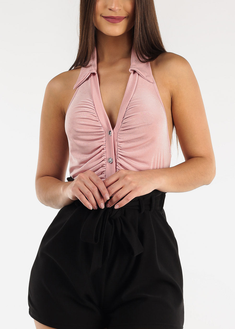 Backless Slinky Button Down Collared Bodysuit Light Pink