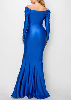 Sexy Satin Blue Long Sleeve Off Shoulder Gown w Front Slit