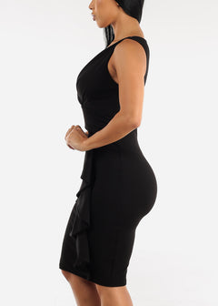 Sleeveless Black Bodycon Dress w Side Ruffle Detail