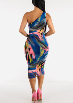 Abstract Print One Shoulder Ruched Midi Dress