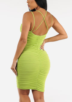 Sleeveless V-Neck Ruched Bodycon Dress Neon Green