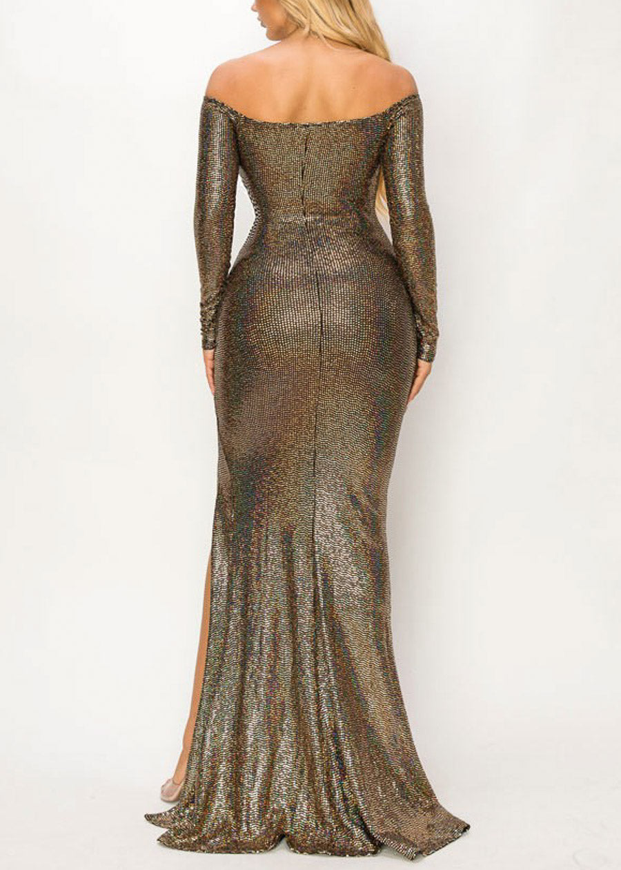 Sexy Gold Metallic Off Shoulder Long Sleeve Front Slit Gown