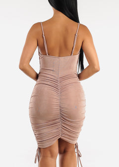 Sleeveless Cowl Neck Ruched Bodycon Dress Taupe