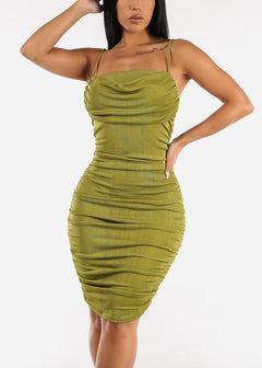 Sleeveless Front Draped Ruched Bodycon Dress Green