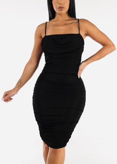 Sleeveless Front Draped Ruched Bodycon Dress Black