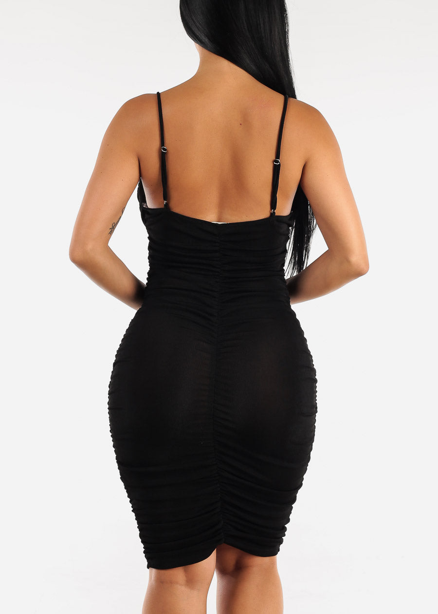 Sleeveless Front Draped Ruched Bodycon Dress Black