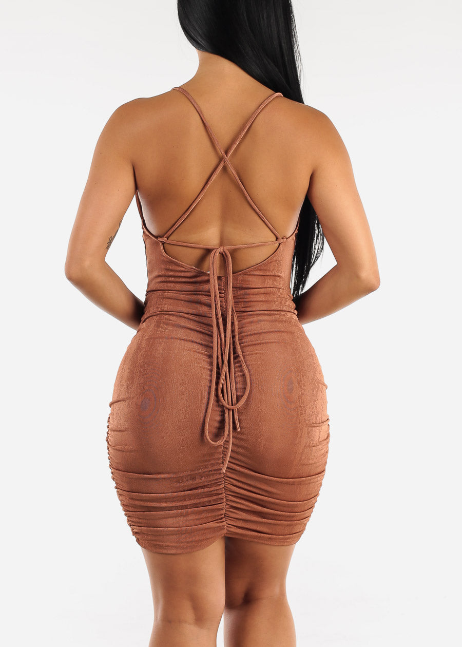Cowl Neck Ruched Bodycon Dress Brown w Back Lace Up Tie