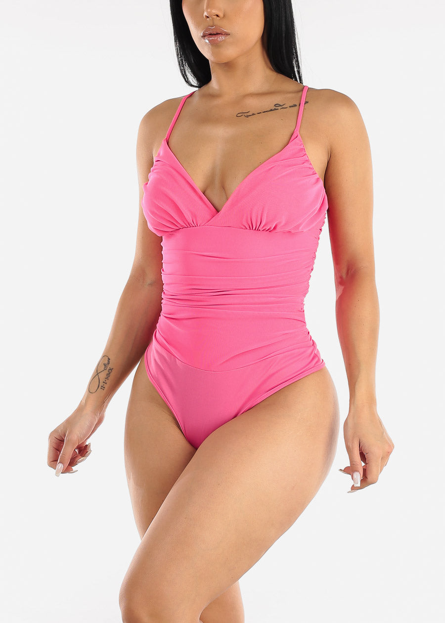 Ruched Sides Mesh Bodysuit Hot Pink