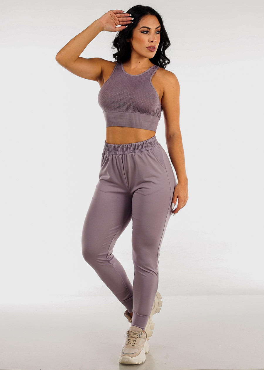 High Waist Joggers with Matching Crop Top Lilac (2 PCE SET)