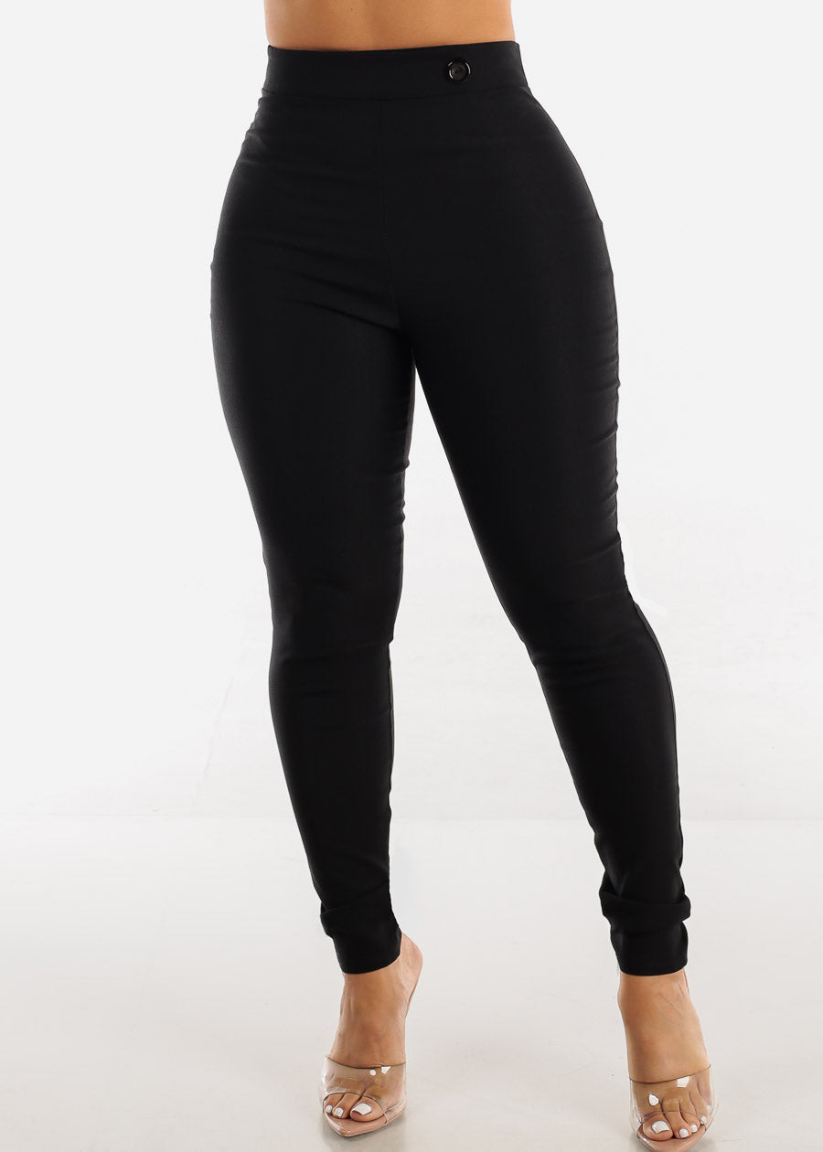 High Waisted Skinny Pants Black w Button Detail
