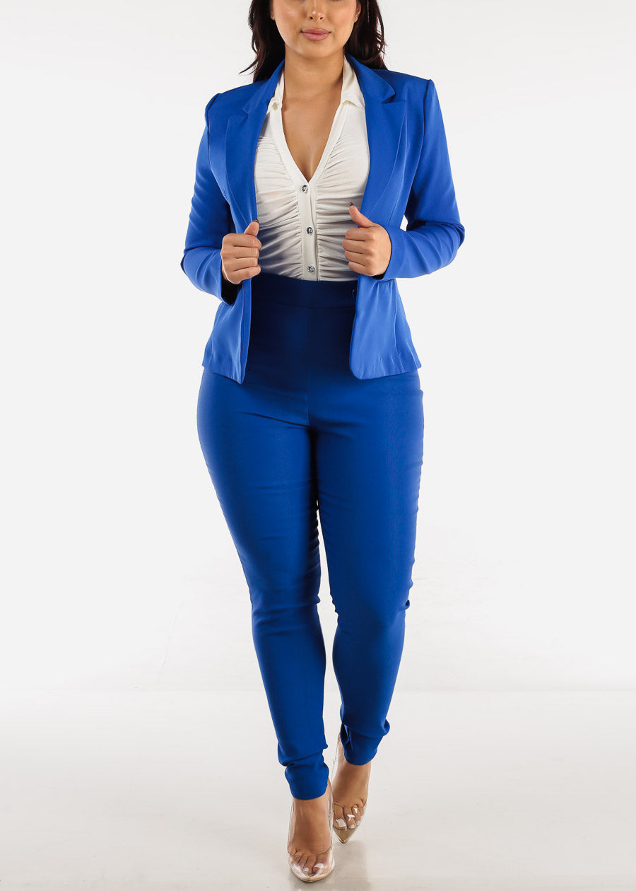 High Waisted Skinny Pants Royal Blue w Button Detail
