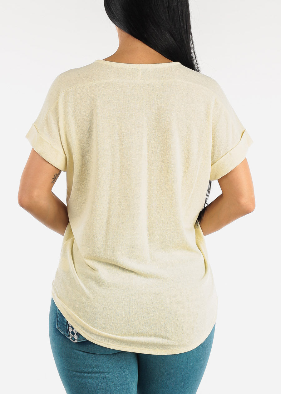 Short Sleeve Vneck Tunic Top Pale Yellow