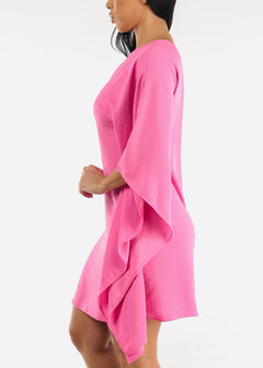 One Shoulder Wide Sleeve Dress Hot Pink