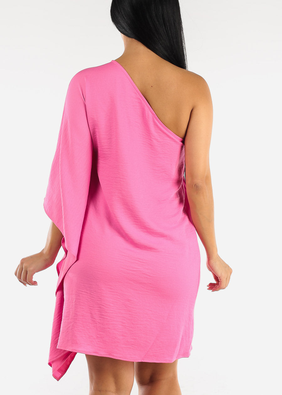 One Shoulder Wide Sleeve Dress Hot Pink
