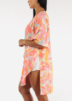 Colorful Printed Bell Sleeve Kimono w Side Slits