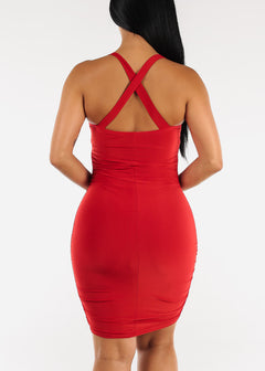 Red Sleeveless Ruched Sides Bodycon Dress