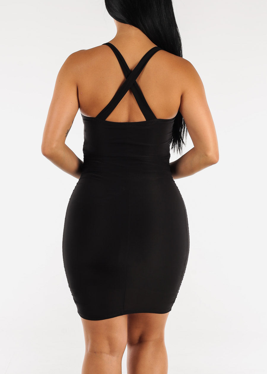Black Sleeveless Ruched Sides Bodycon Dress
