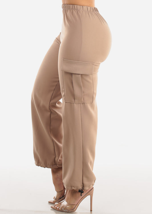 High Waist Drawstring Hem Cargo Pants Beige