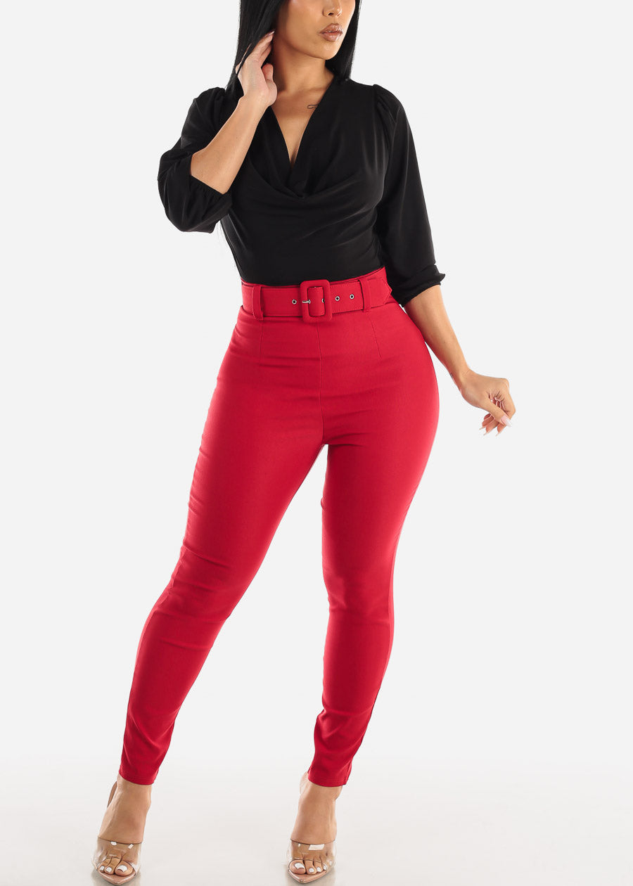 Women's Red Dressy Skinny Pants - High Waisted Red Skinny Pants