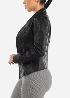 Black Open Front Long Sleeve Vegan Leather Jacket