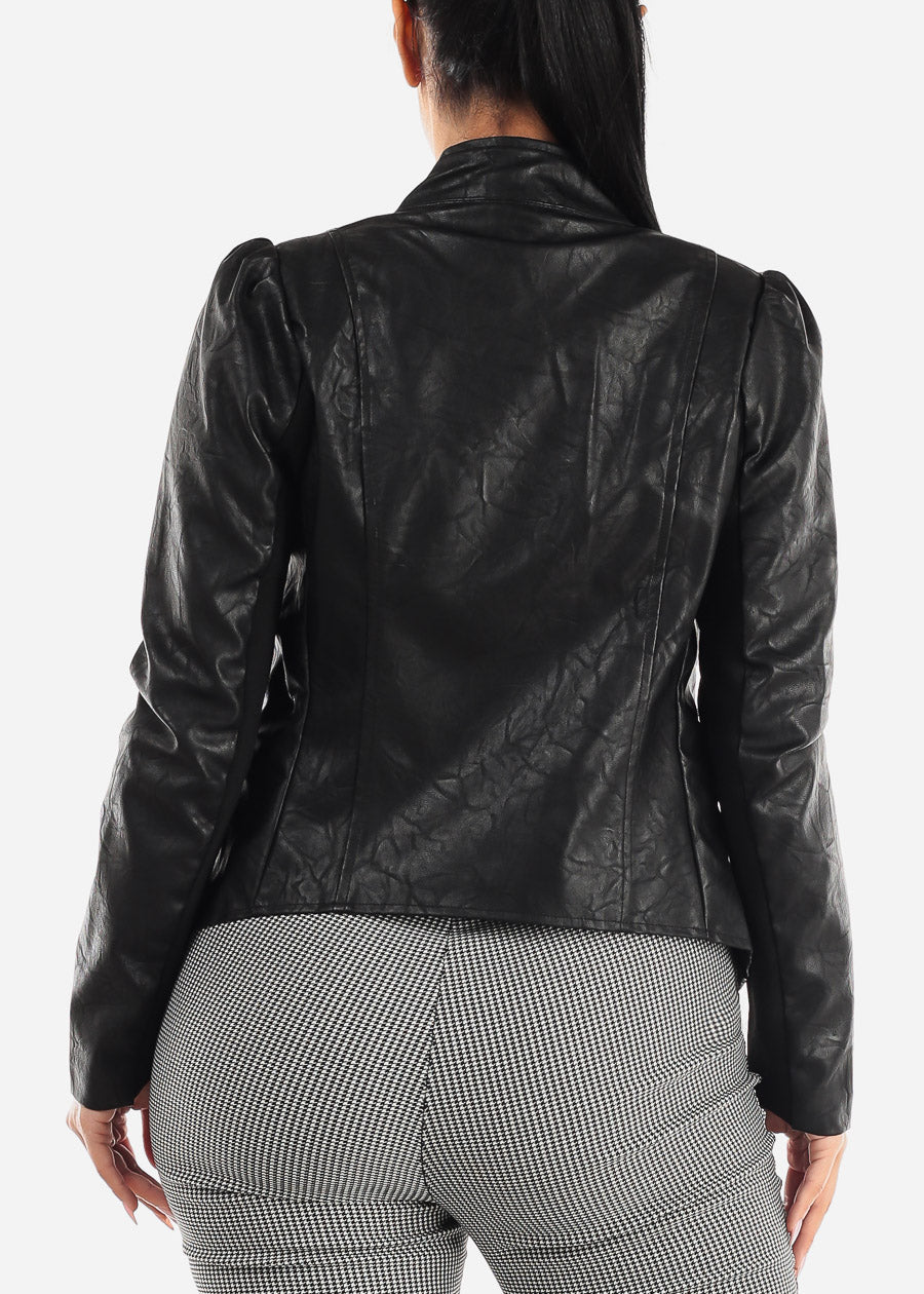 Black Open Front Long Sleeve Vegan Leather Jacket