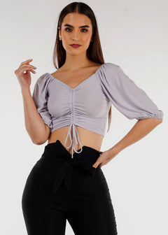 Elbow Sleeve Ruched Front Crop Top Light Purple
