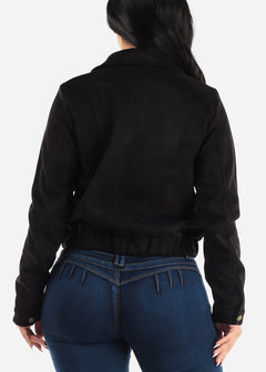 Black Suede Zip Up Long Sleeve Collared Jacket