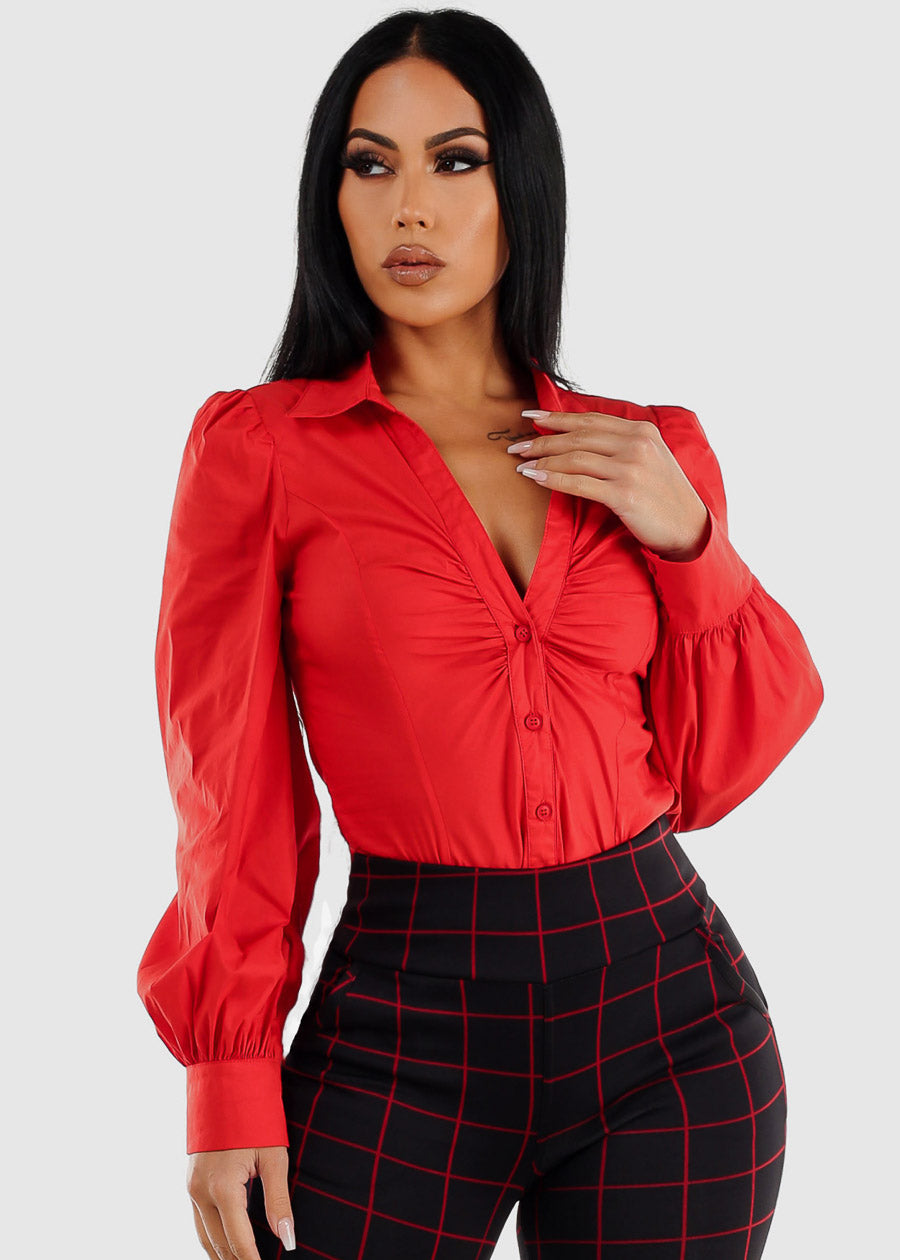 Long Sleeve Red Ruched Collared Button Up Bodysuit