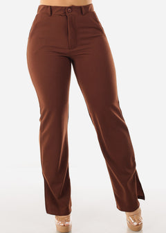 High Waisted Dressy Bootcut Pants Brown w Side Slits