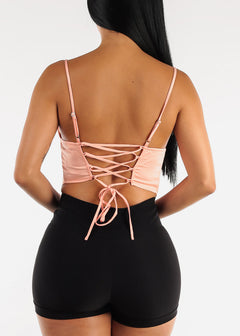 Satin Cowl Neck Lace Up Back Crop Top Peach