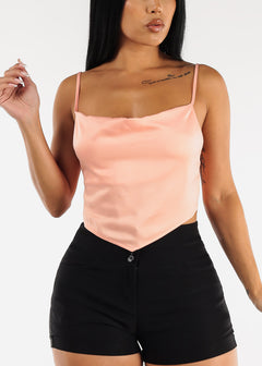 Satin Cowl Neck Lace Up Back Crop Top Peach