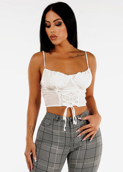 White Sleeveless Lace Up Cami Crop Top