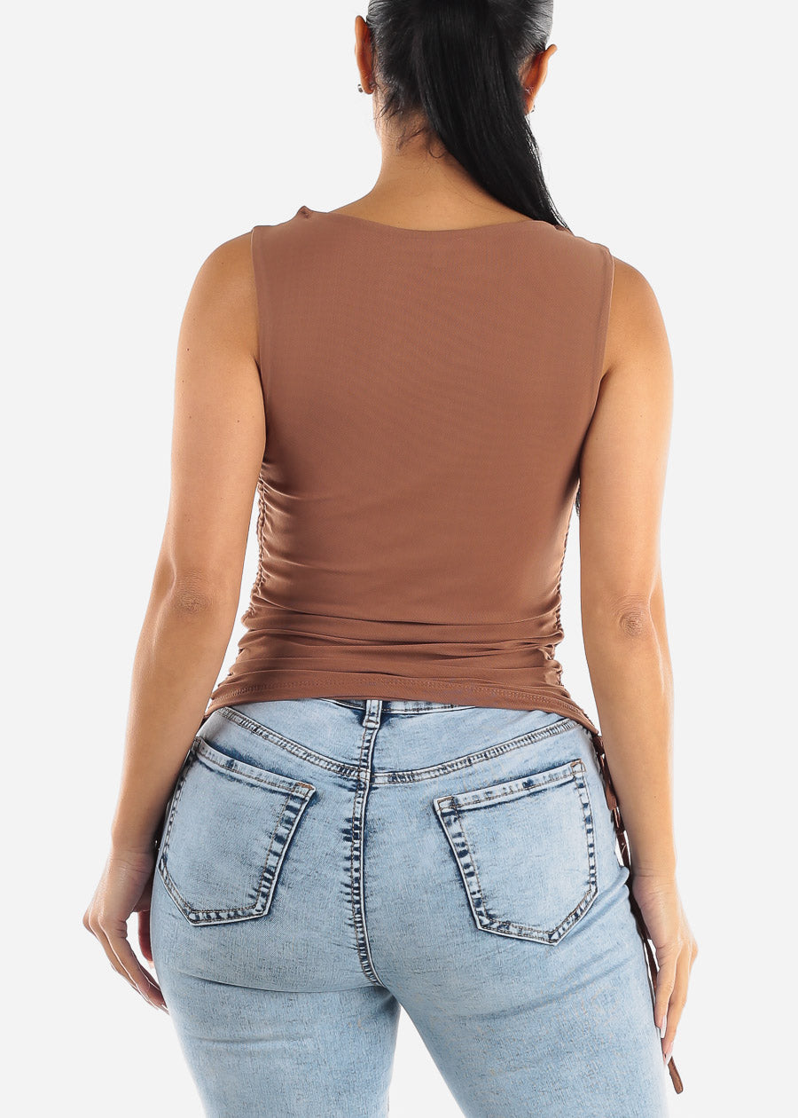 Sleeveless Double Layer Ruched Mesh Top Mocha