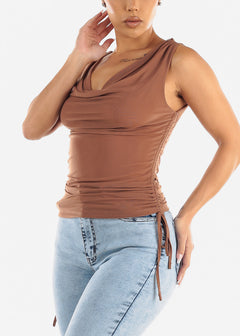 Sleeveless Double Layer Ruched Mesh Top Mocha