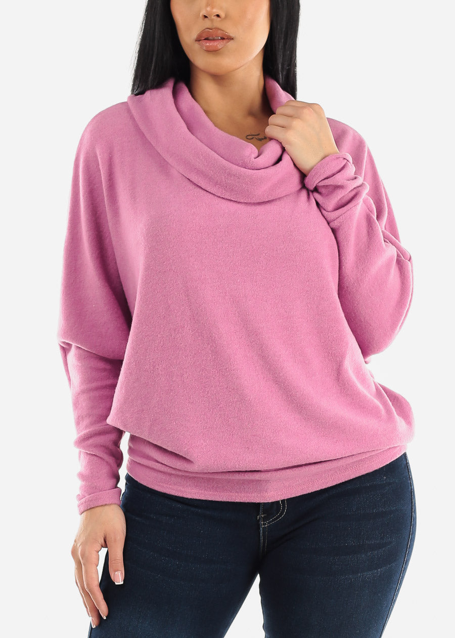 Long Dolman Sleeve Cowl Neck Pullover Pink