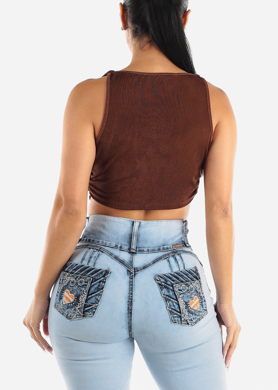 Sleeveless Cowl Neckline Fitted Crop Top Brown