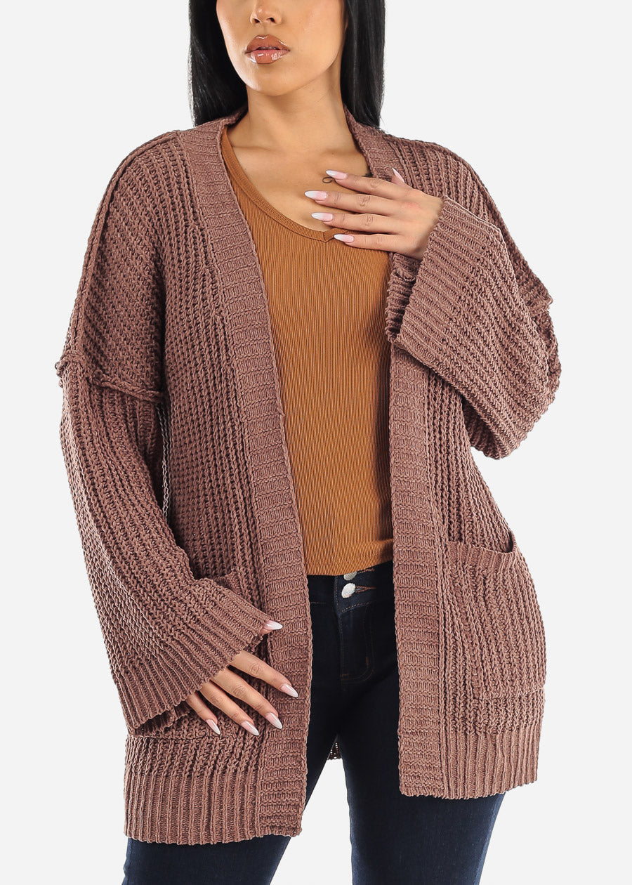 Long Sleeve Soft Knit Maxi Cardigan Brown w Pockets