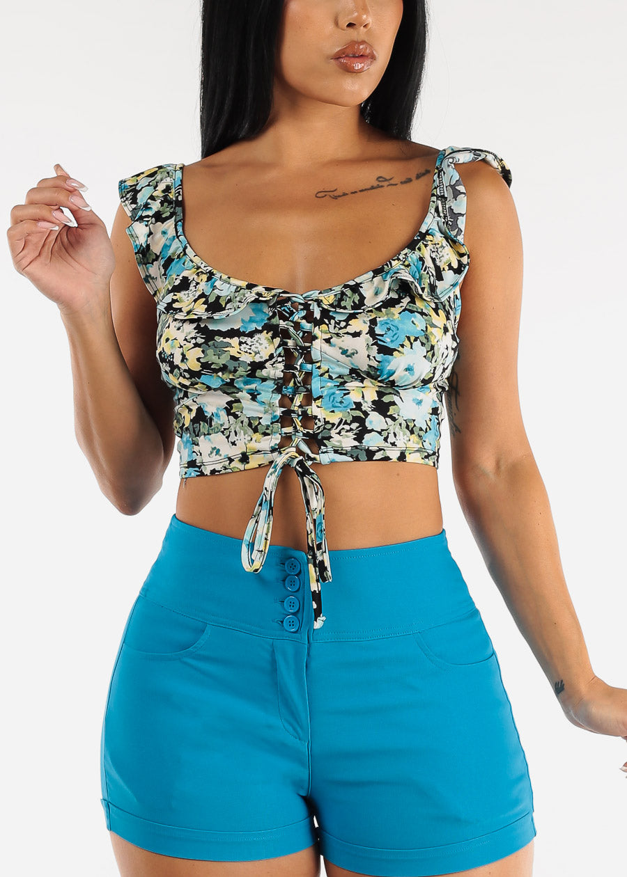 Sleeveless Lace Up Ruffled Floral Crop Top Blue