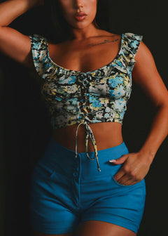 Sleeveless Lace Up Ruffled Floral Crop Top Blue