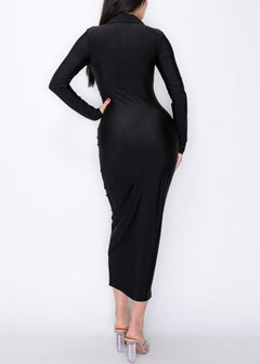 Black Long Sleeve Long Bodycon Stretchy Collared Satin Dress