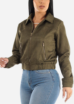 Suede Zip Up Long Sleeve Collared Jacket Olive