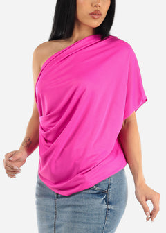 One Shoulder Pleat Detail Blouse Hot Pink