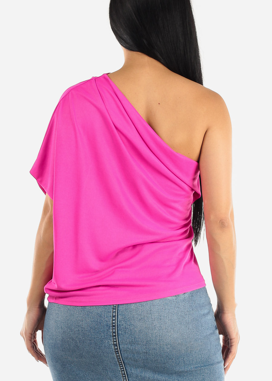 One Shoulder Pleat Detail Blouse Hot Pink