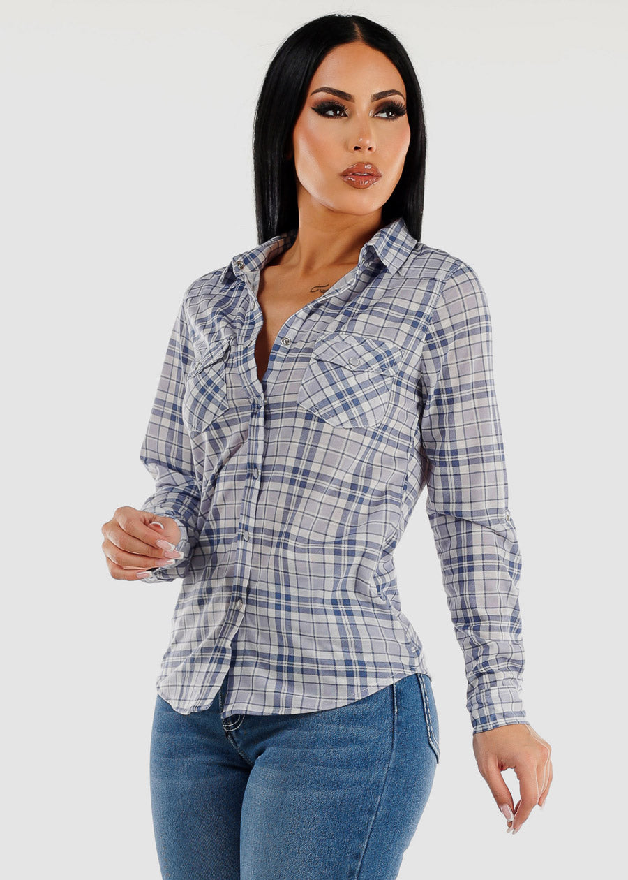 Long Sleeve Snap Button Plaid Shirt Blue & Grey