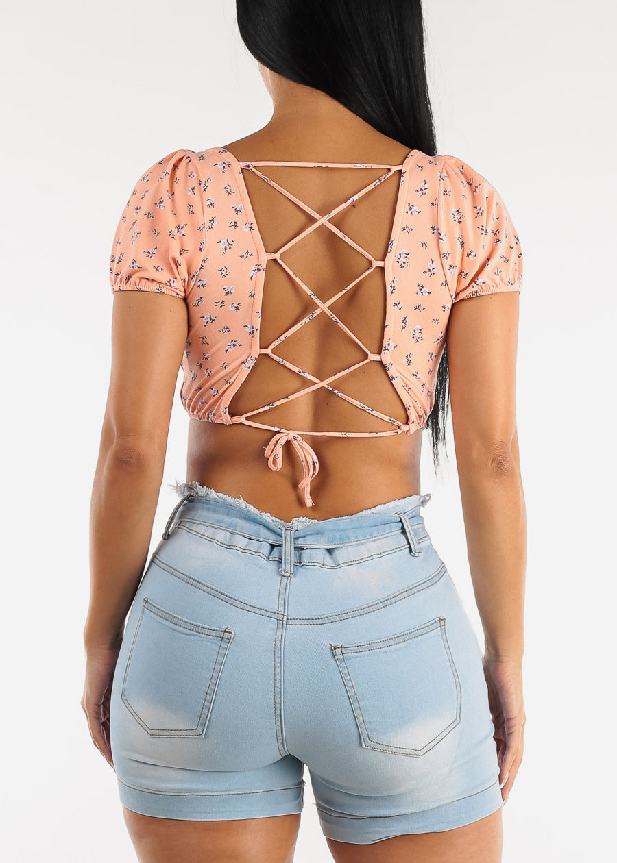 Short Puff Sleeve Lace Up Back Floral Crop Top Coral