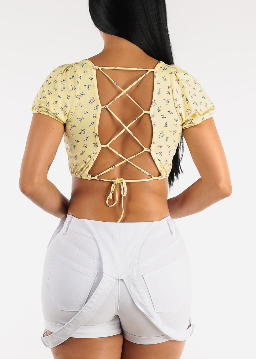 Short Puff Sleeve Lace Up Back Floral Crop Top Yellow