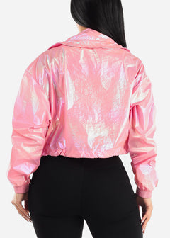 Neon Pink Zip Up Metallic Windbreaker Jacket