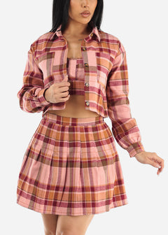 Plaid Shacket, Crop Top & Pleated Skirt Set (3 PCE SET)