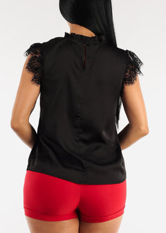 Ruffle Neck Pleated Satin Blouse Black w Lace Sleeves