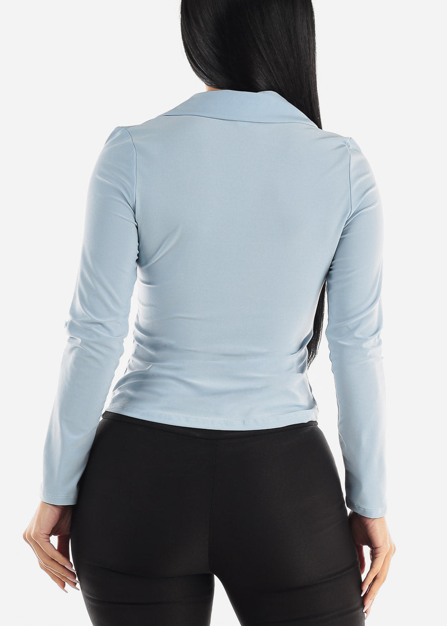 Long Sleeve Ruched Front Collared Blouse Light Blue